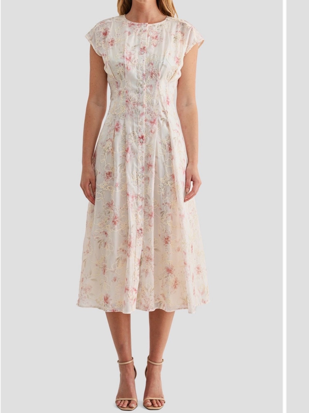 Ivory & Pink Floral Midi Dress with Lace Detail